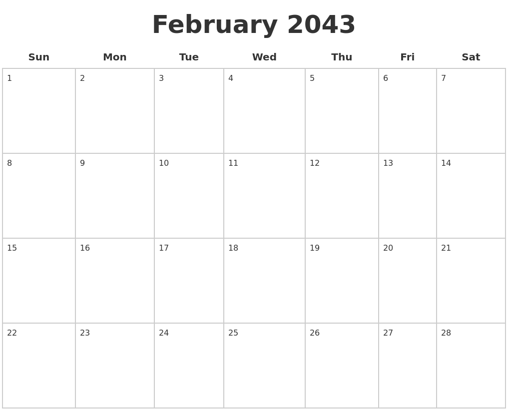 February 2043 Blank Calendar Pages
