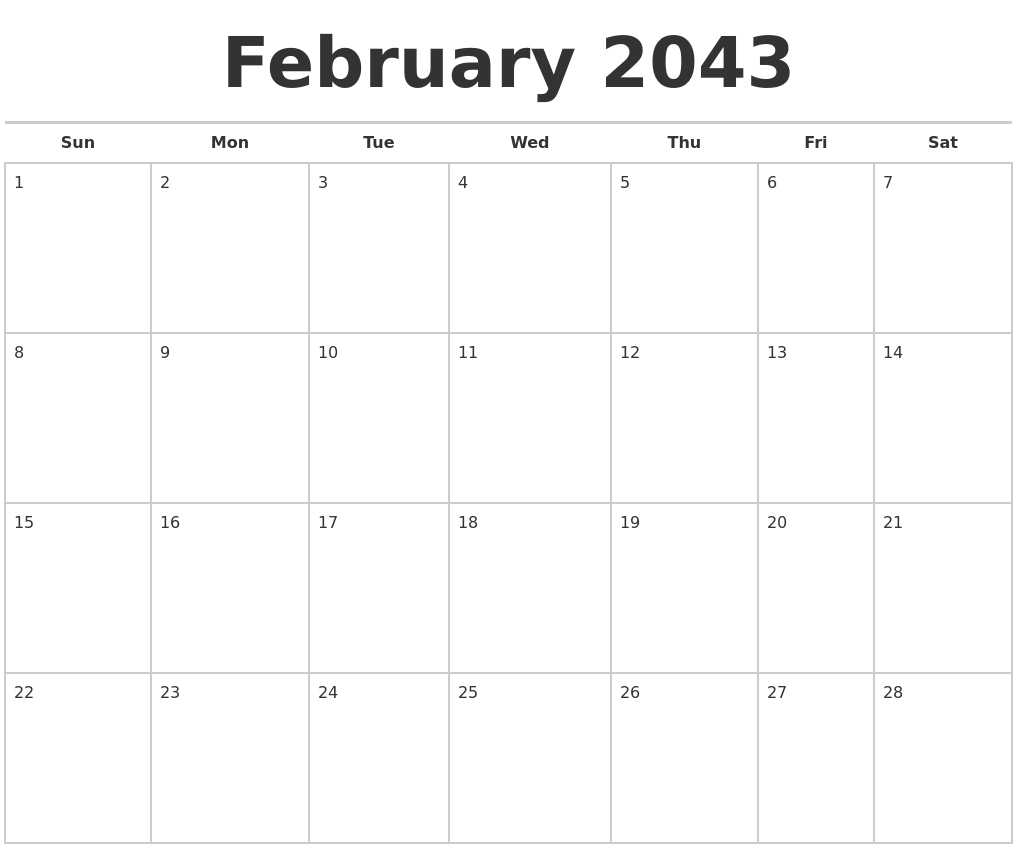 February 2043 Calendars Free