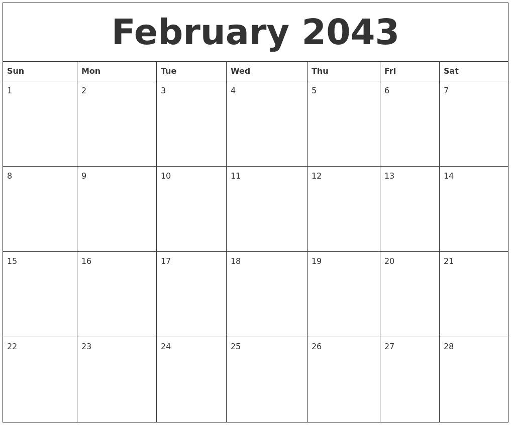February 2043 Free Calendar Printable