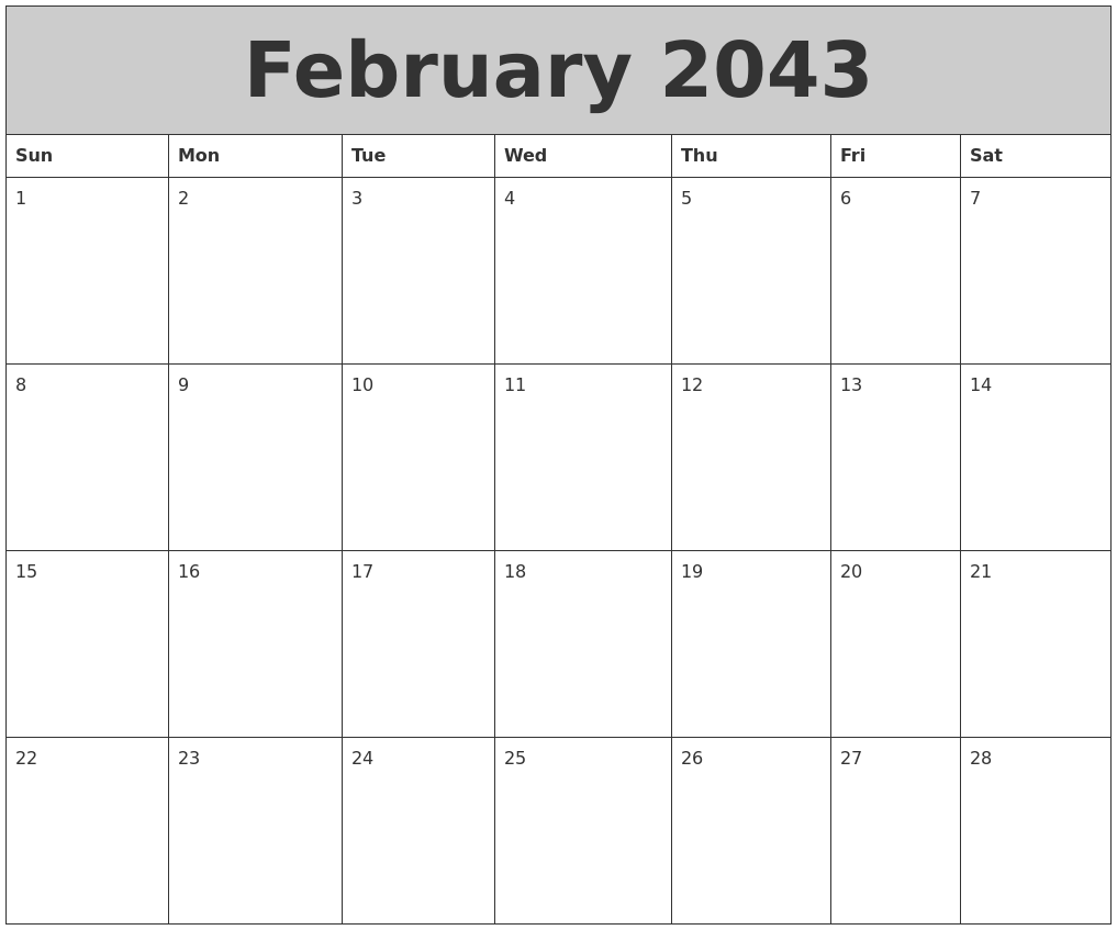 February 2043 My Calendar