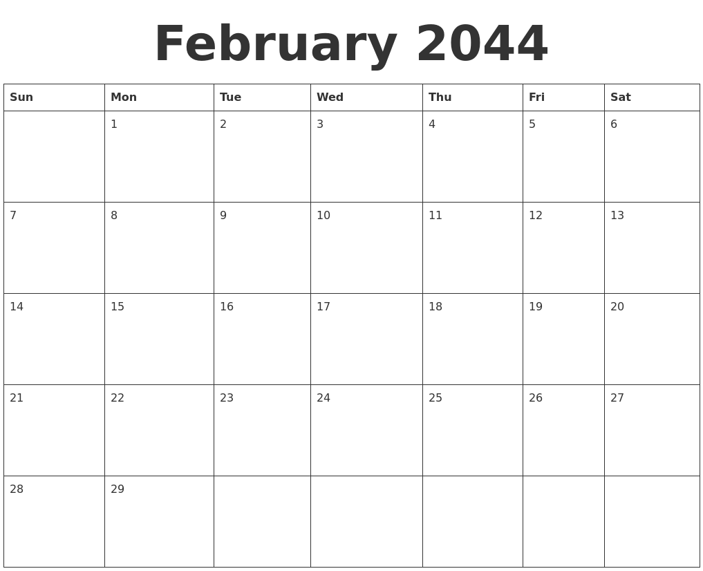 February 2044 Blank Calendar Template