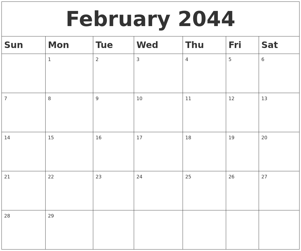 February 2044 Blank Calendar