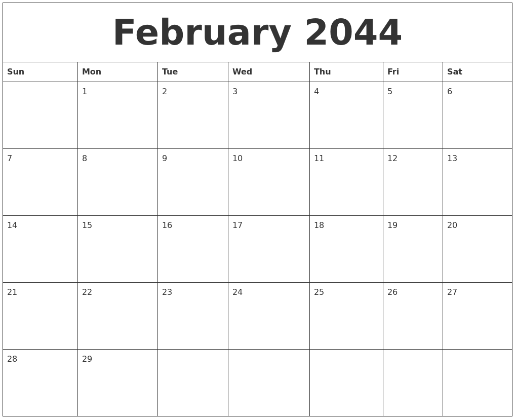 February 2044 Blank Printable Calendars
