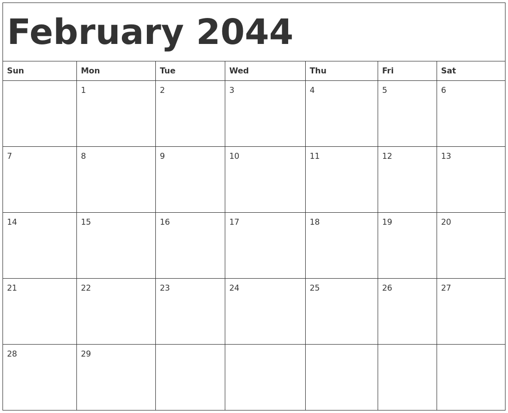 February 2044 Calendar Template