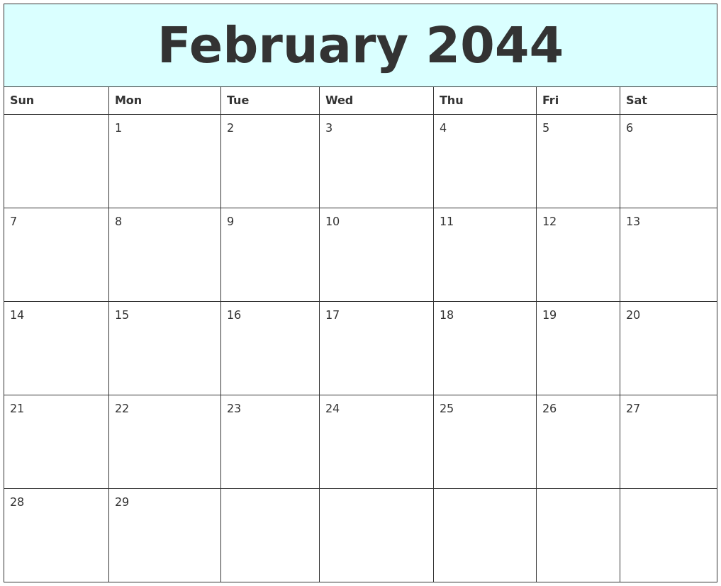 February 2044 Free Calendar