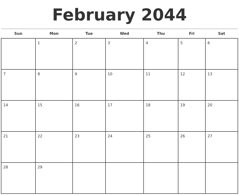 February 2044 Monthly Calendar Template