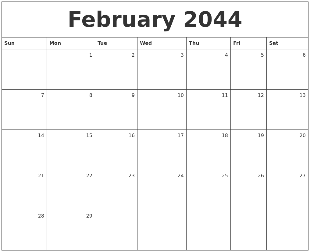 February 2044 Monthly Calendar