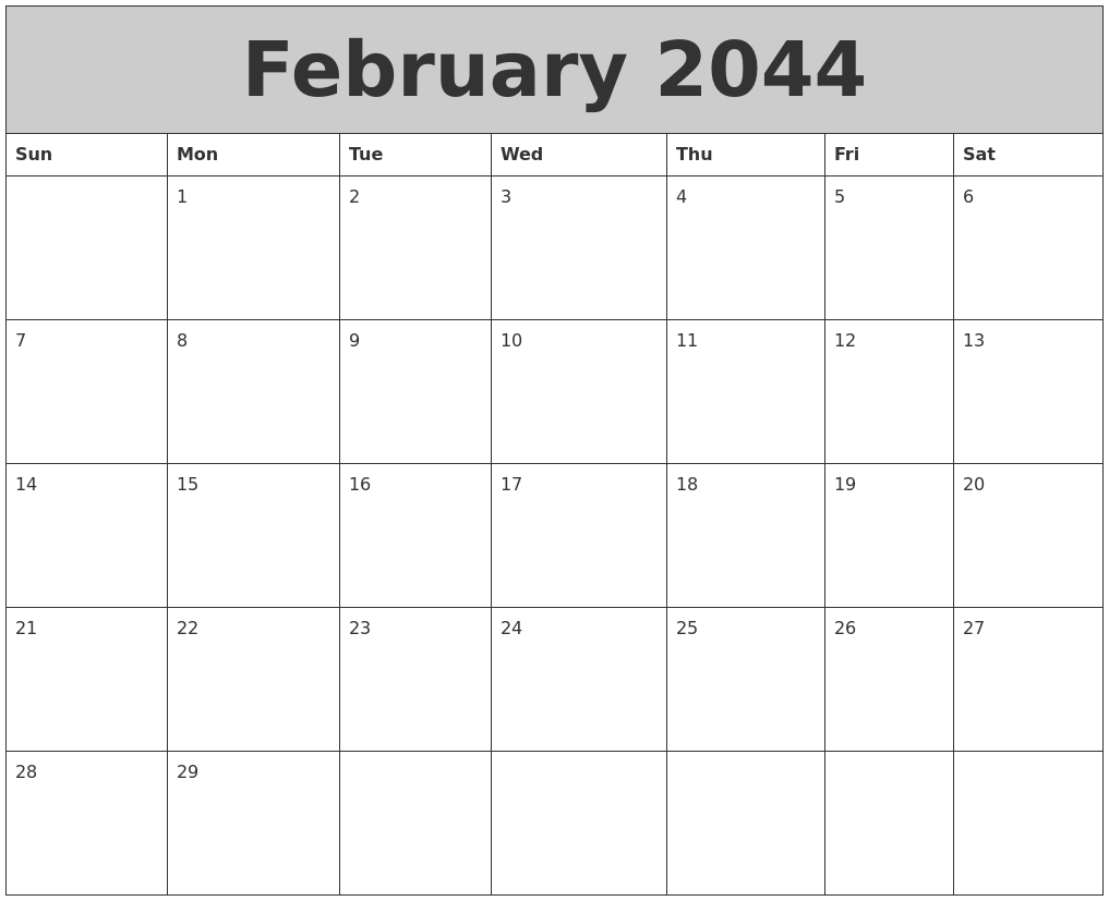 February 2044 My Calendar