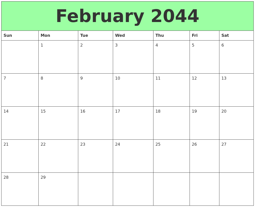 February 2044 Printable Calendars
