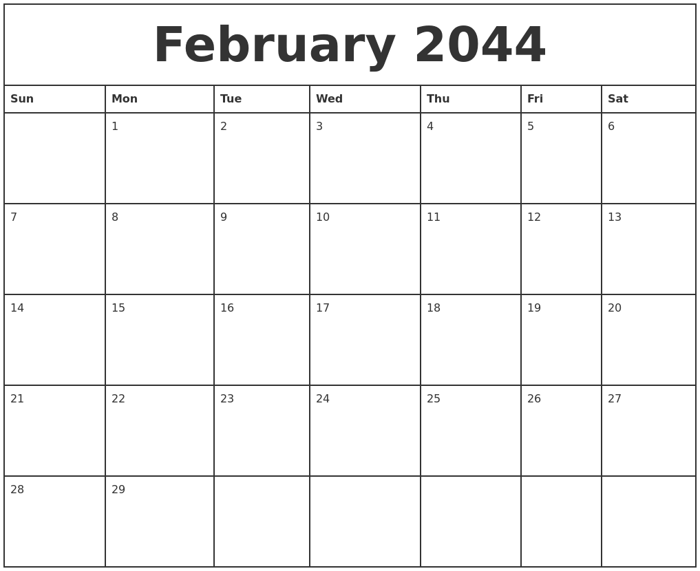 February 2044 Printable Monthly Calendar