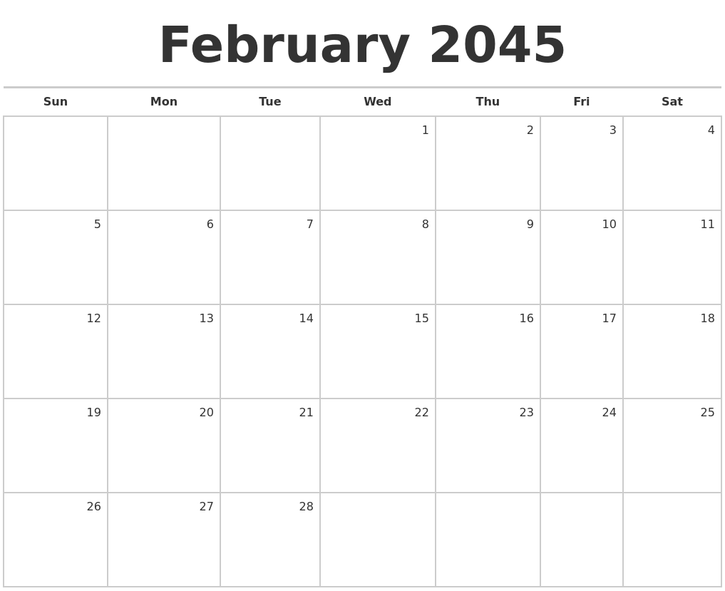 February 2045 Blank Monthly Calendar