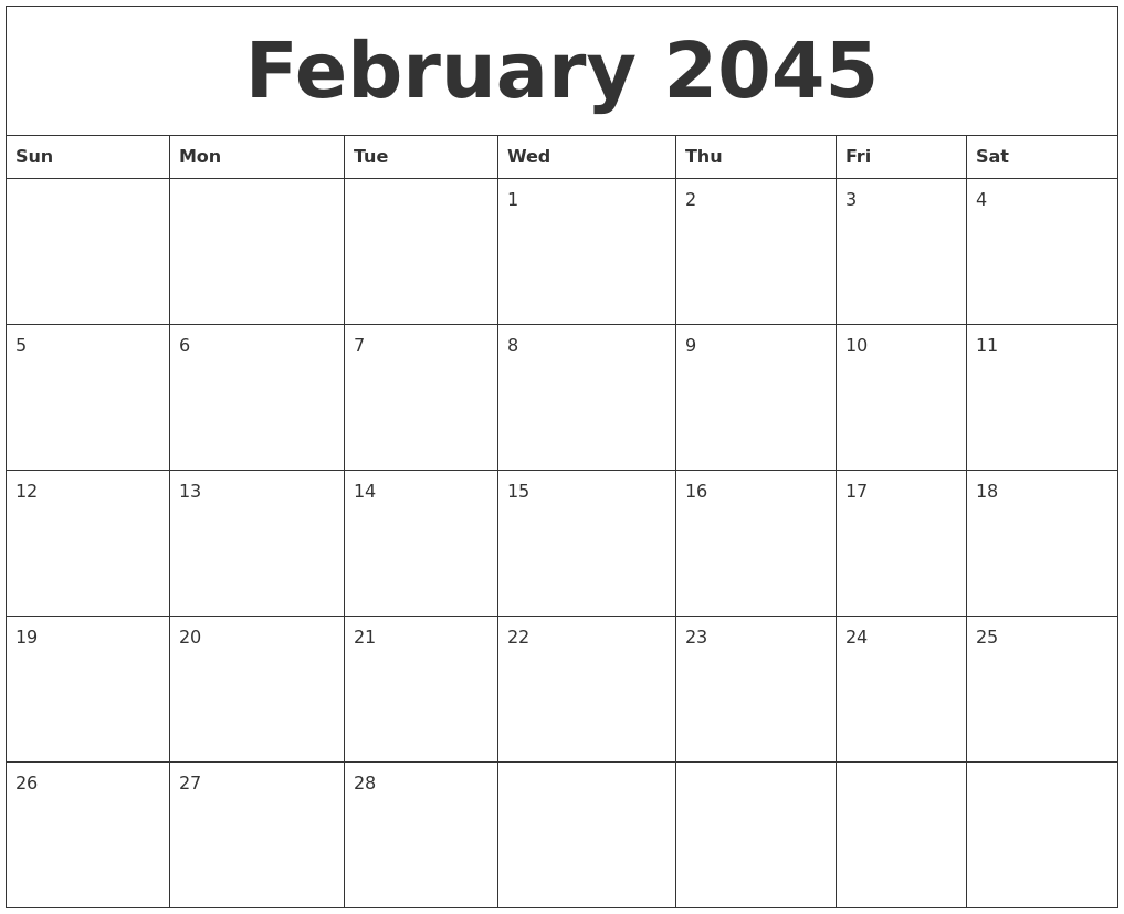 February 2045 Blank Printable Calendars