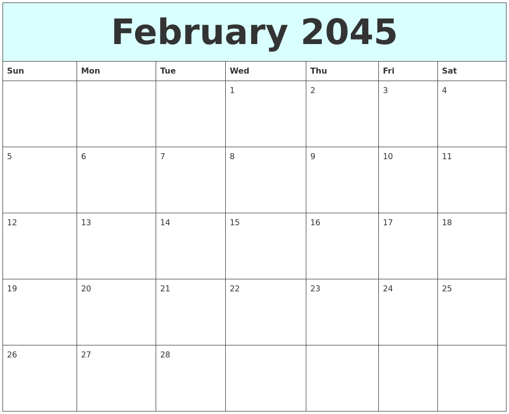 February 2045 Free Calendar