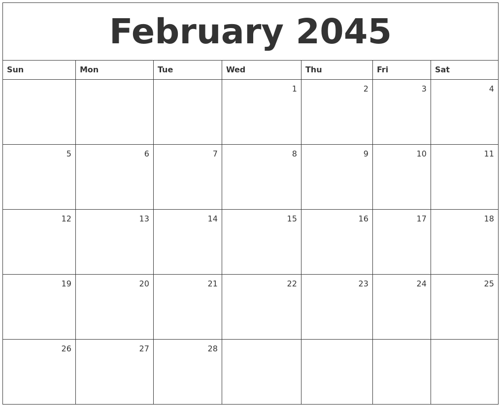 February 2045 Monthly Calendar