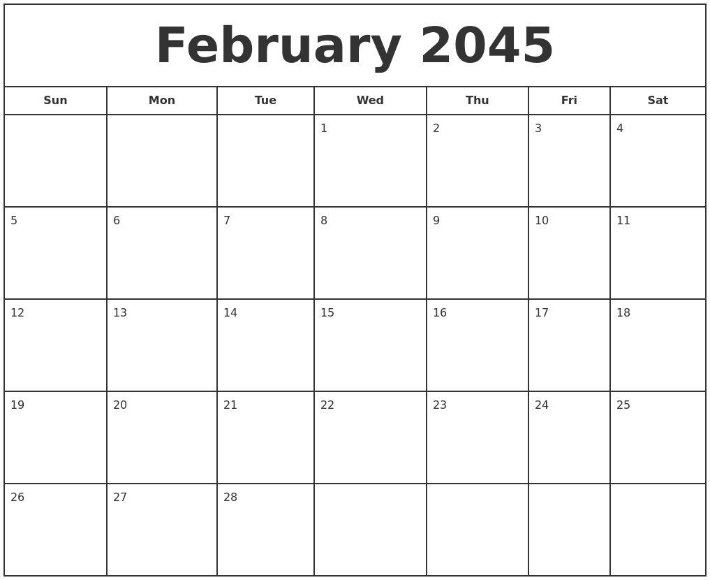 February 2045 Print Free Calendar