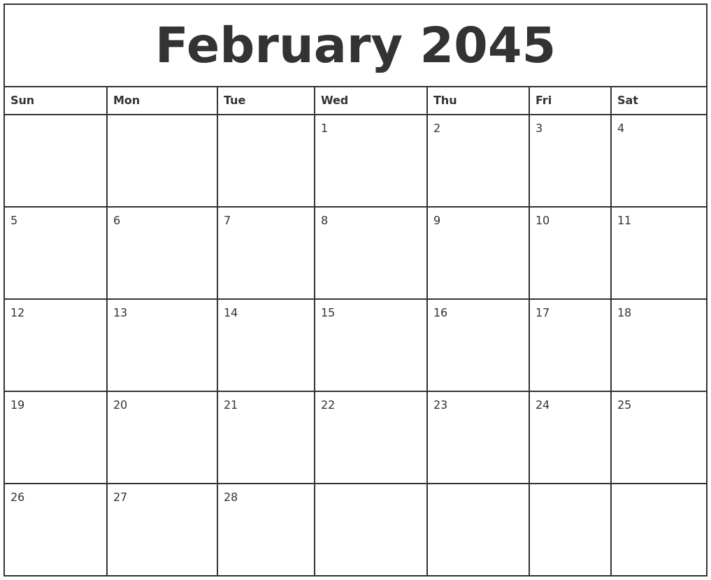February 2045 Printable Monthly Calendar