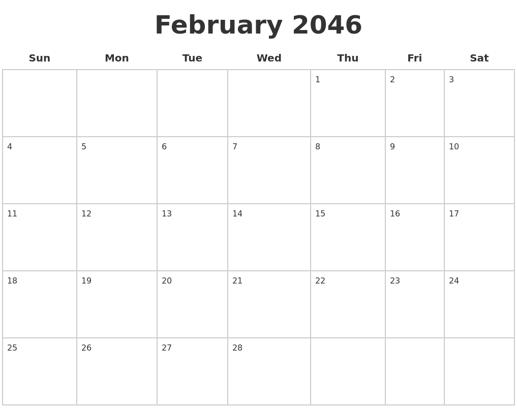 February 2046 Blank Calendar Pages