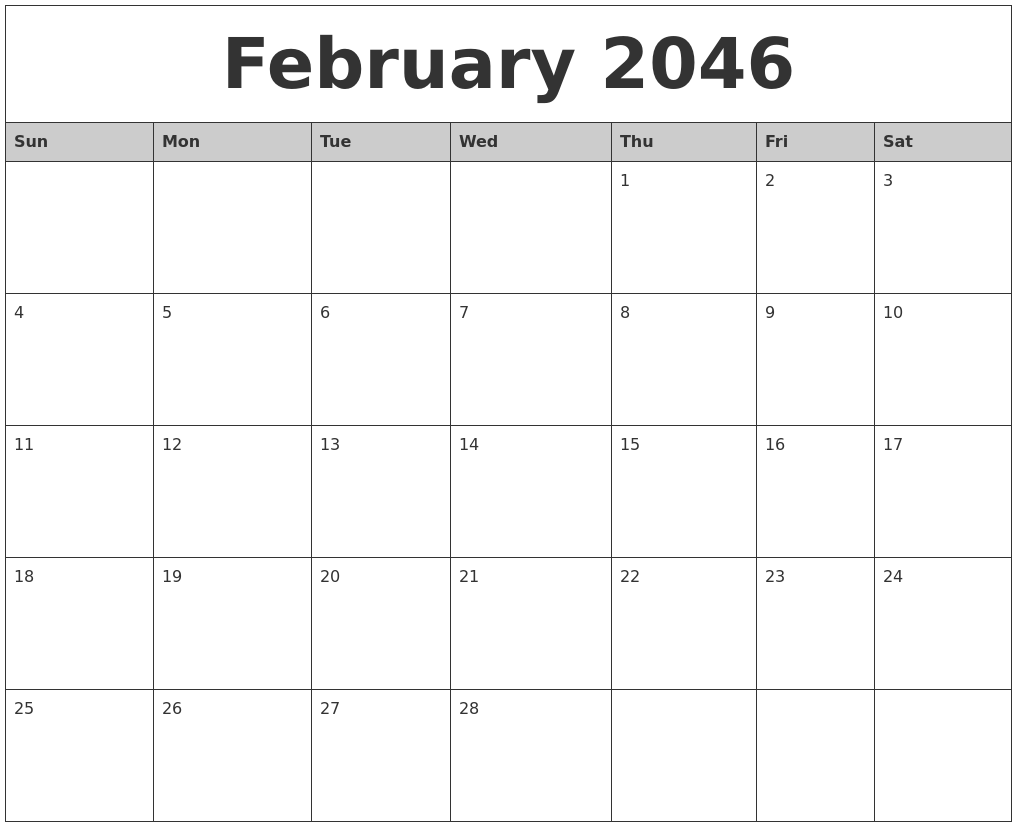 February 2046 Monthly Calendar Printable