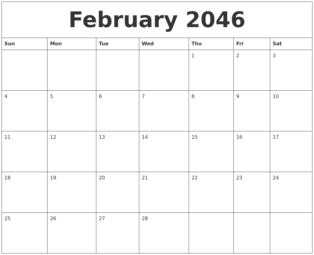 February 2046 Print Monthly Calendar
