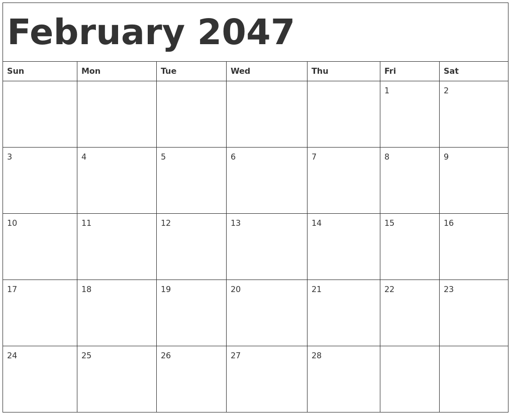 February 2047 Calendar Template