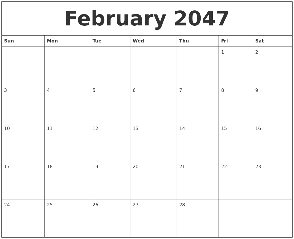 February 2047 Calendar Templates Free
