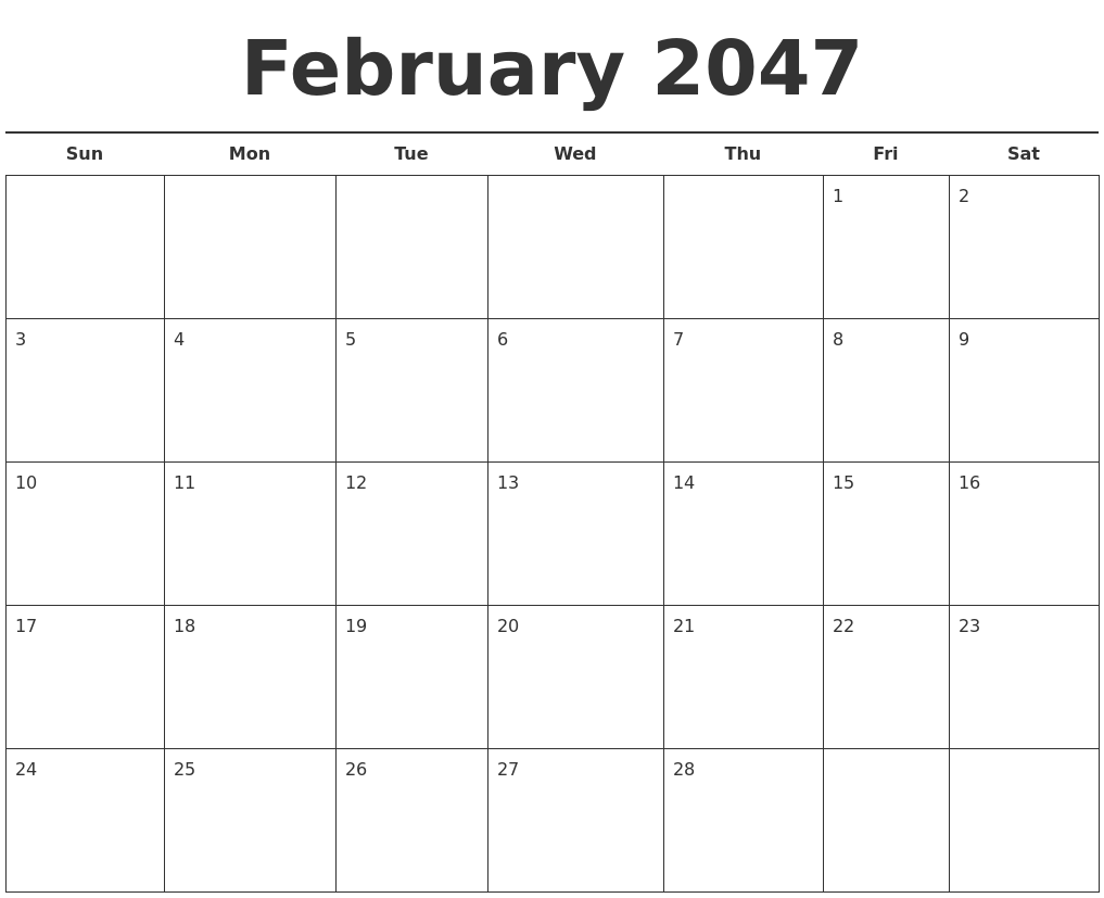 February 2047 Free Calendar Template