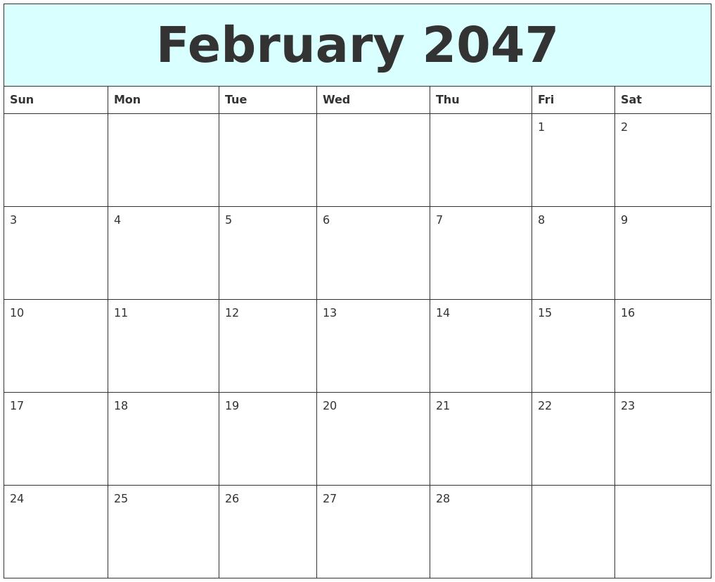 February 2047 Free Calendar