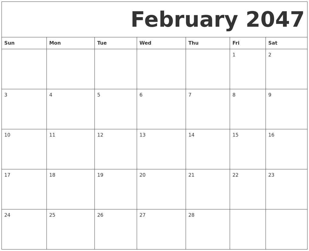 February 2047 Free Printable Calendar