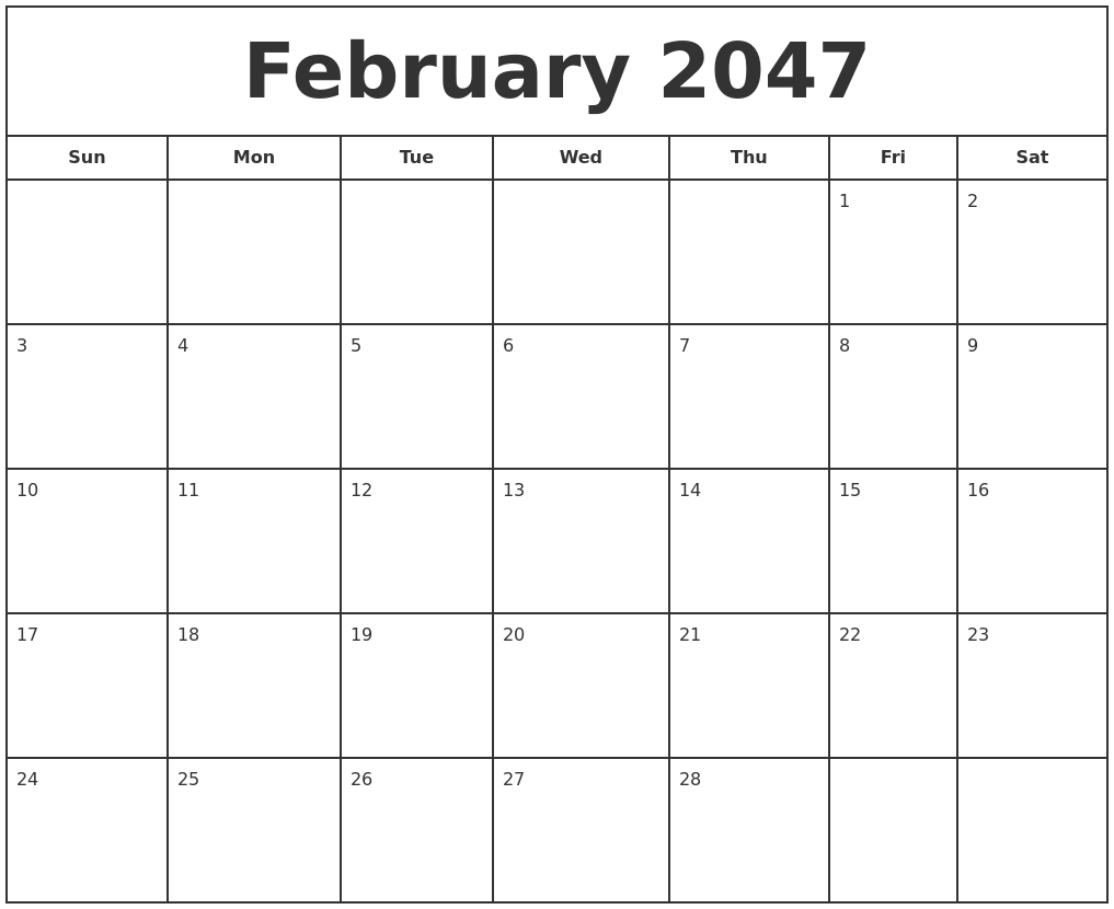 February 2047 Print Free Calendar