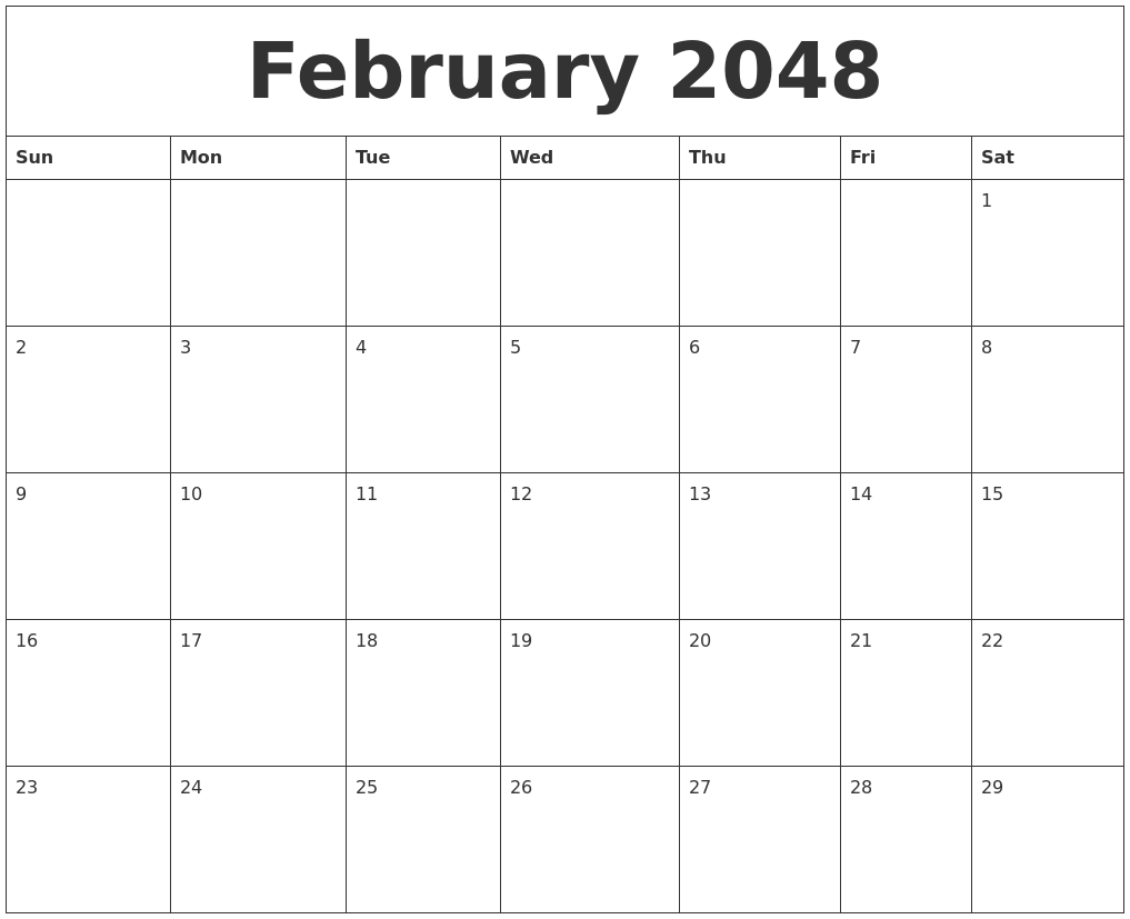 February 2048 Birthday Calendar Template
