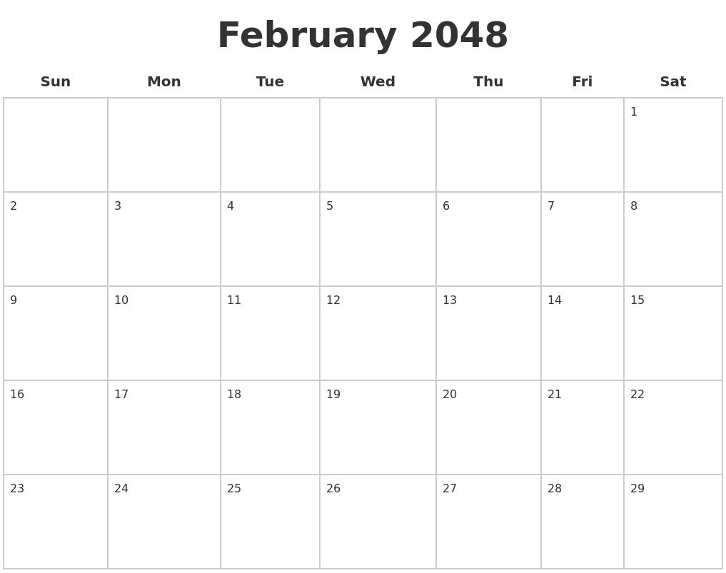 February 2048 Blank Calendar Pages