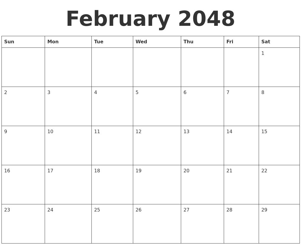 February 2048 Blank Calendar Template