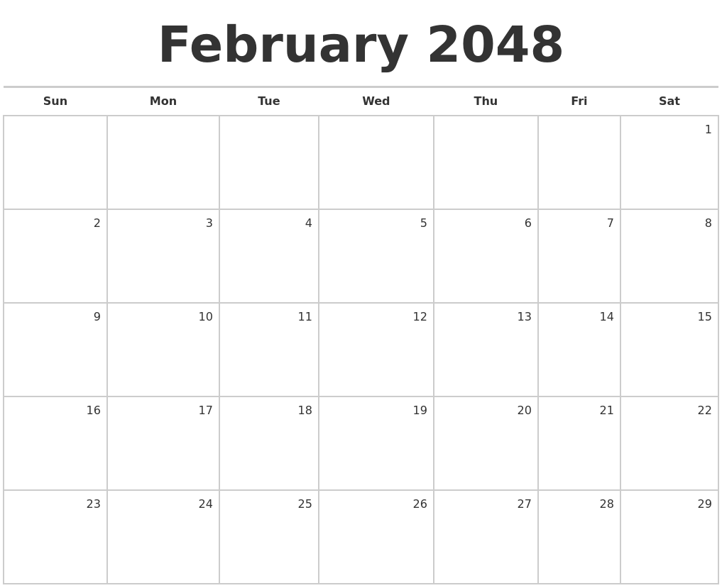 February 2048 Blank Monthly Calendar