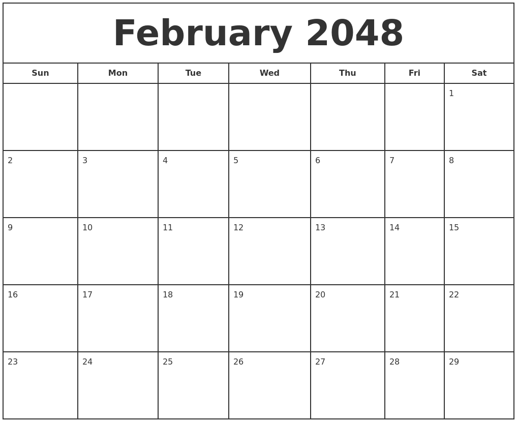 February 2048 Print Free Calendar