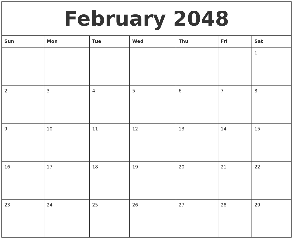 February 2048 Printable Monthly Calendar