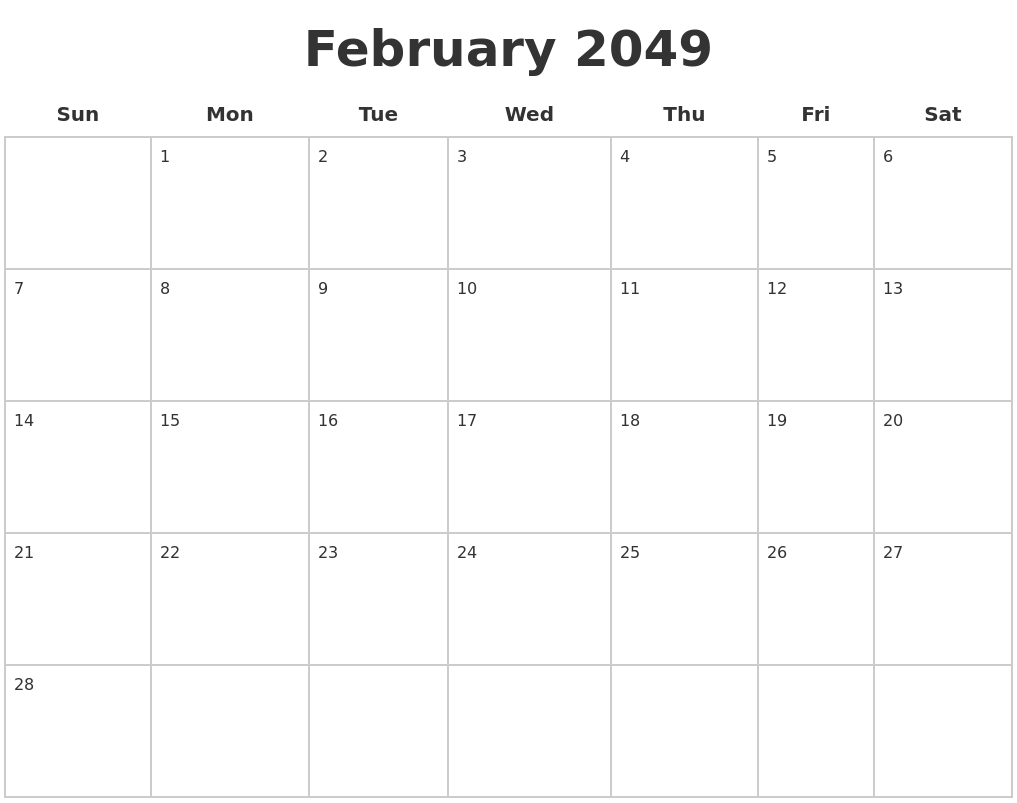 February 2049 Blank Calendar Pages