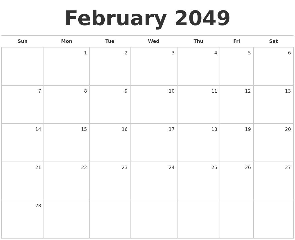 February 2049 Blank Monthly Calendar