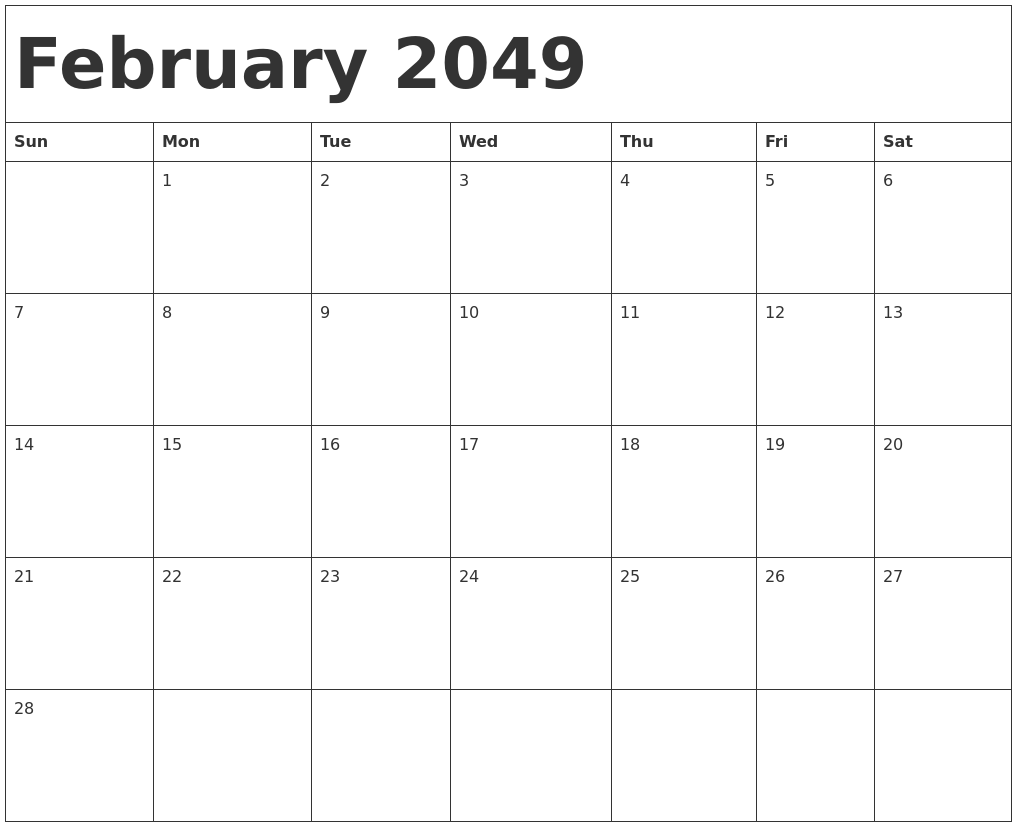 February 2049 Calendar Template