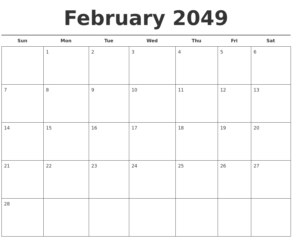 February 2049 Free Calendar Template