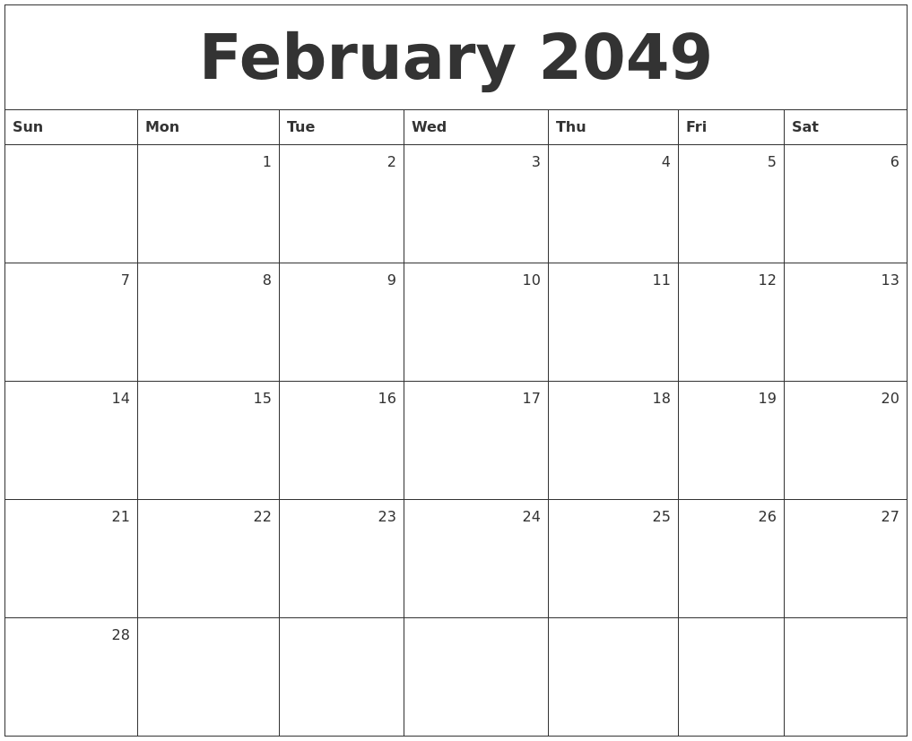 February 2049 Monthly Calendar