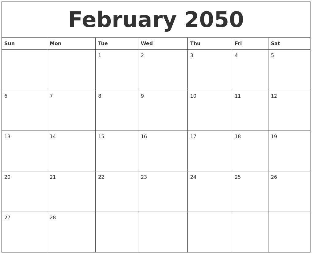 February 2050 Blank Monthly Calendar Pdf February 2050 Blank Monthly Calendar Pdf