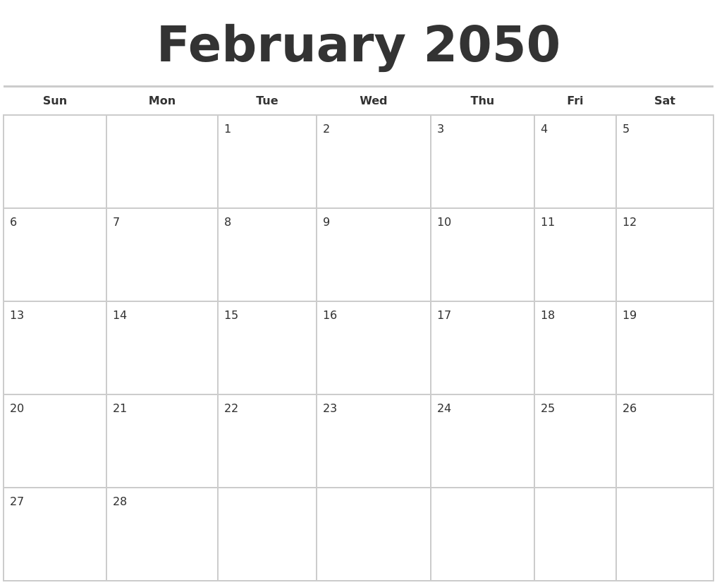 February 2050 Calendars Free