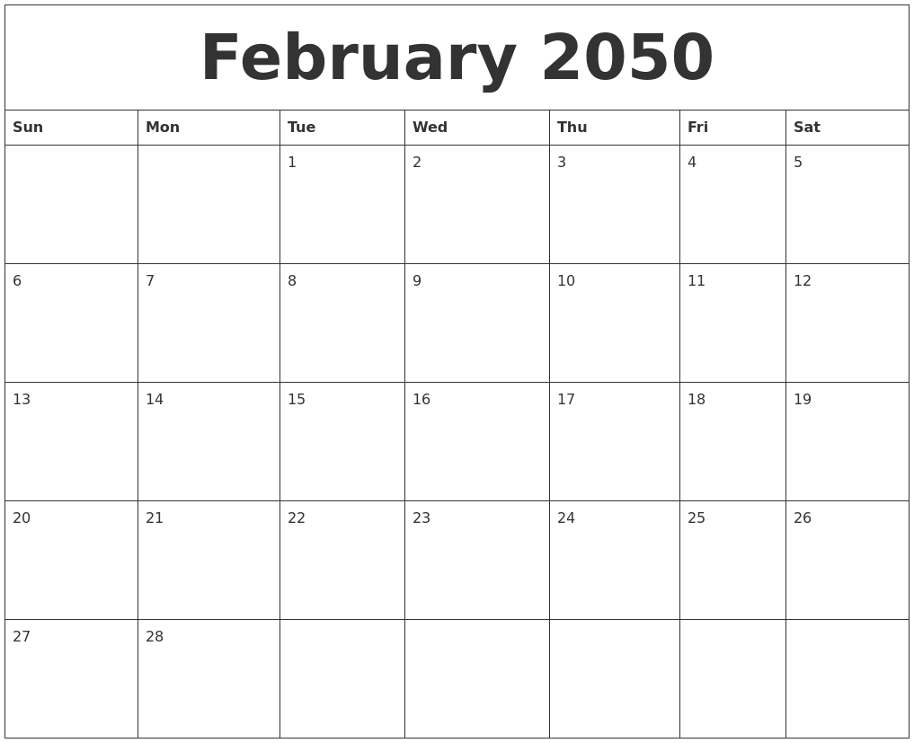 February 2050 Free Monthly Calendar Template