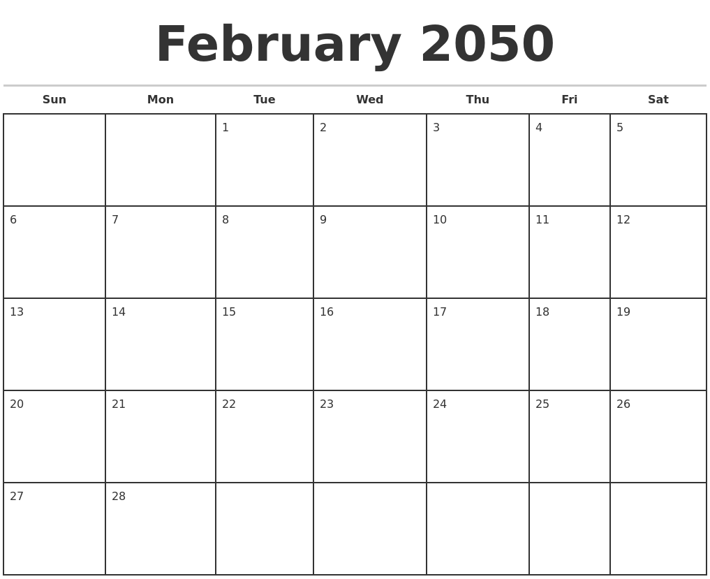 February 2050 Monthly Calendar Template