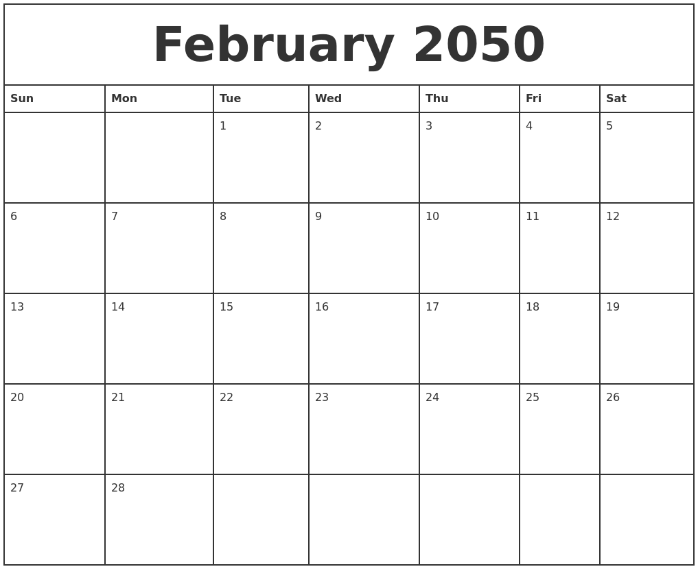 February 2050 Printable Monthly Calendar