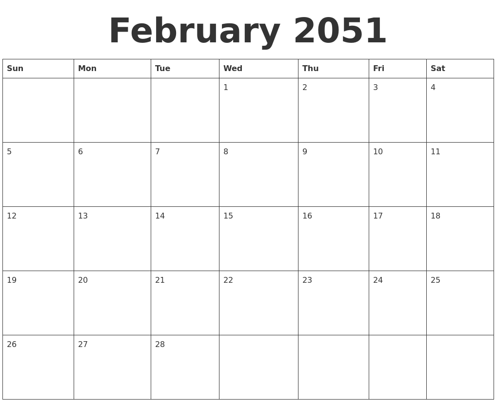 February 2051 Blank Calendar Template