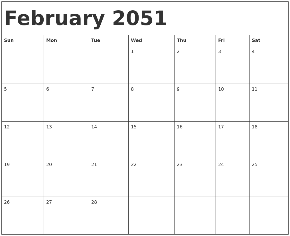 February 2051 Calendar Template