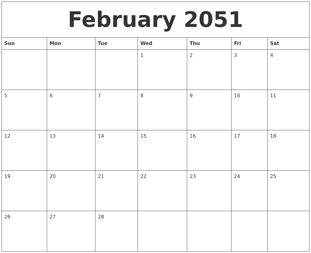 February 2051 Free Weekly Calendar