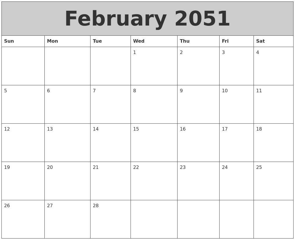 February 2051 My Calendar