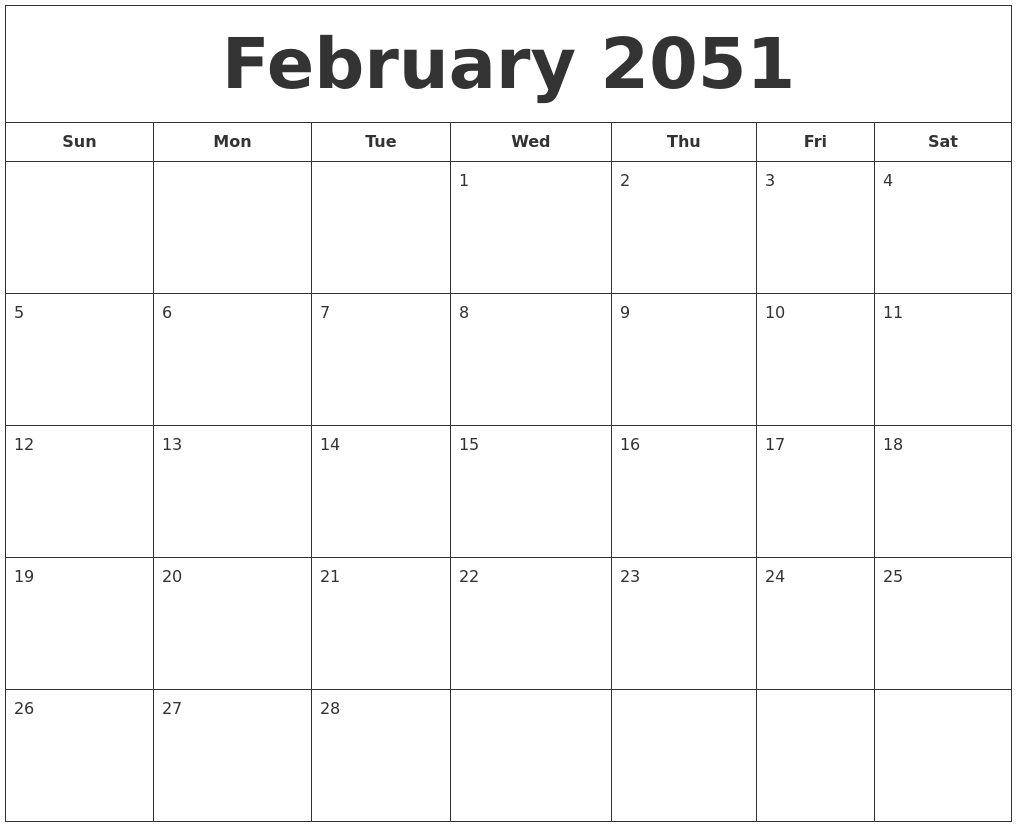 February 2051 Printable Calendar